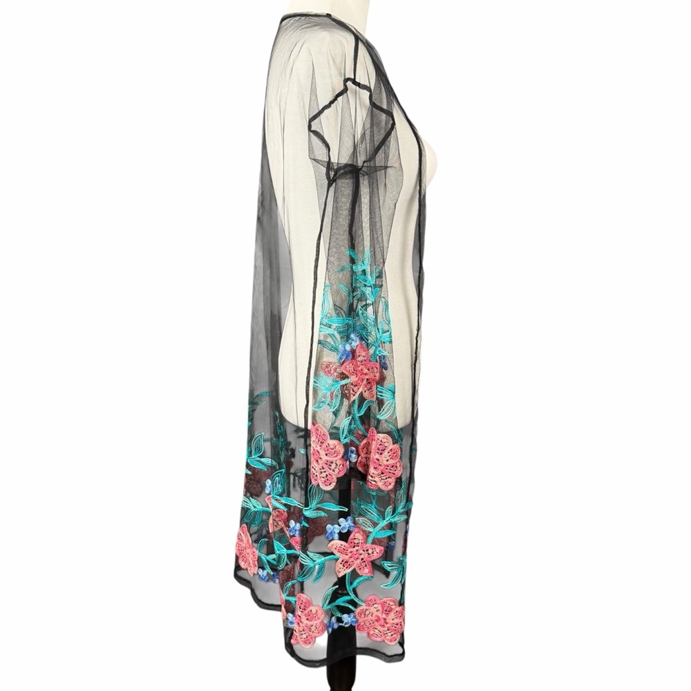 Janice Apparel Duster O/S Black Sheer Embroidered Boho Kimono Cover Up - Picture 2 of 6